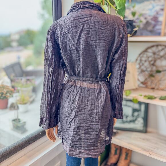 Cut Loose, Sheer Wrinkle Linen Silk Blend Trench Coat Brown w/ Gold Sheen-Medium - Picture 3 of 10